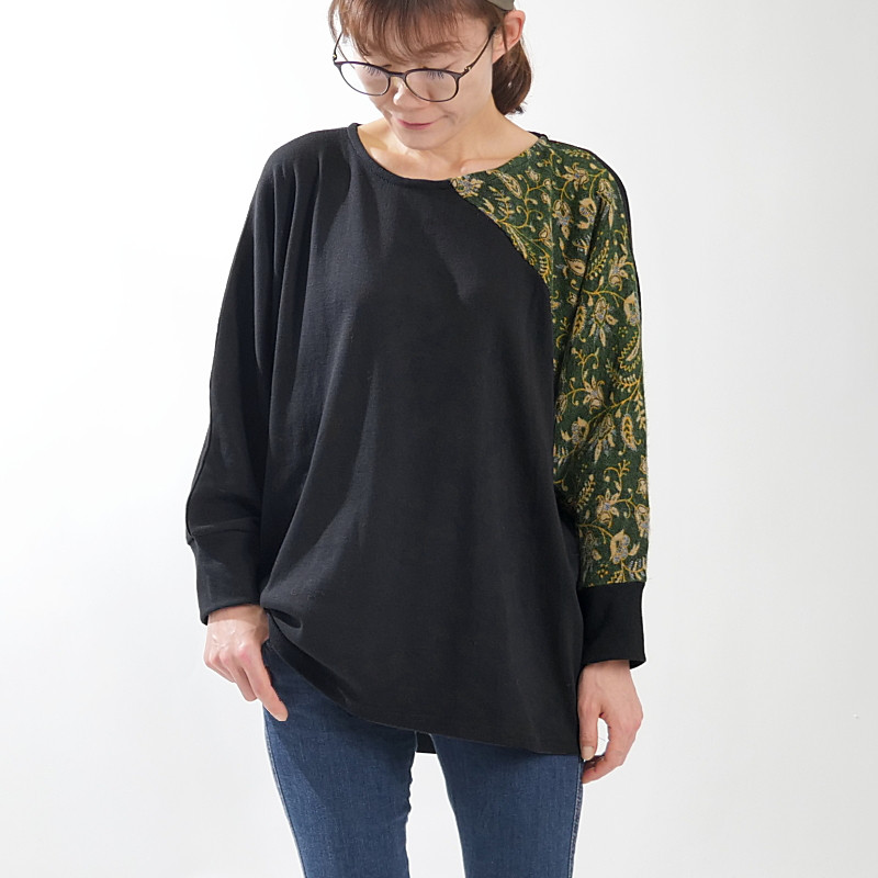 起毛フラワー柄切り替え＊ドルマン袖＊カシュクール風チュニック＊グリーン