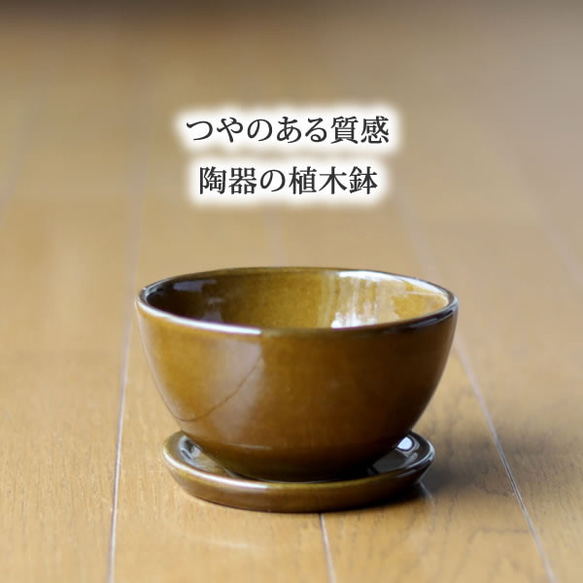 薄い茶色の陶器の植木鉢 (つやあり) (ボールタイプ) 2枚目の画像