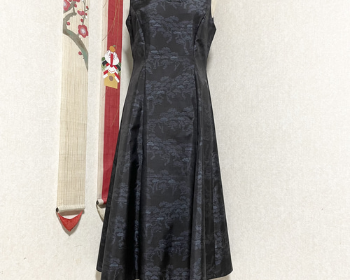 No217大島紬着物リメイク 7マルキ泥大島プリンセスラインワンピ（被り