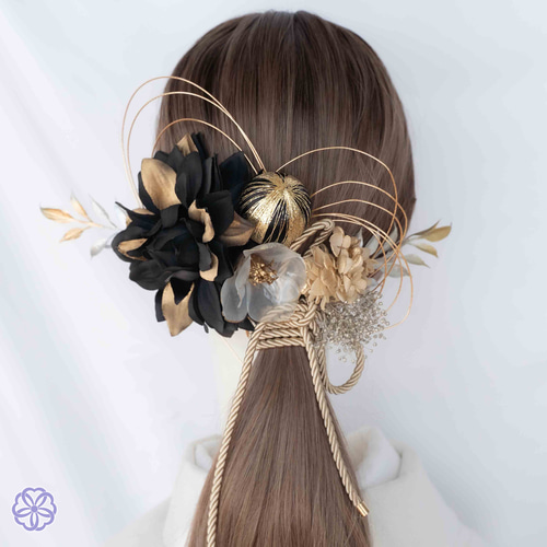 成人式 髪飾り 黒×金 ブラック&ゴールド｜卒業式 袴 和装ヘア No