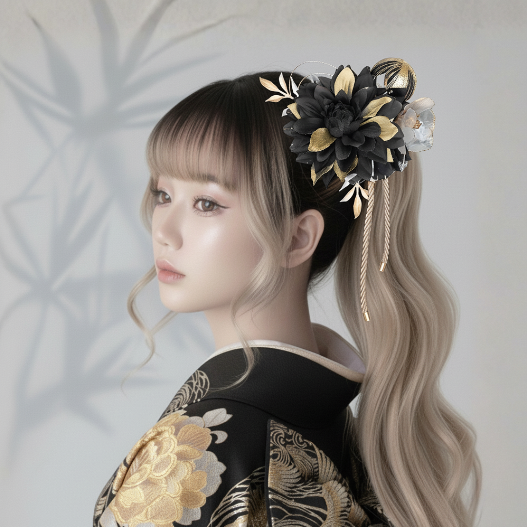 成人式 髪飾り 黒×金 ブラック&ゴールド｜卒業式 袴 和装ヘア No.GD88 振袖 着物 和装 ポニーテール