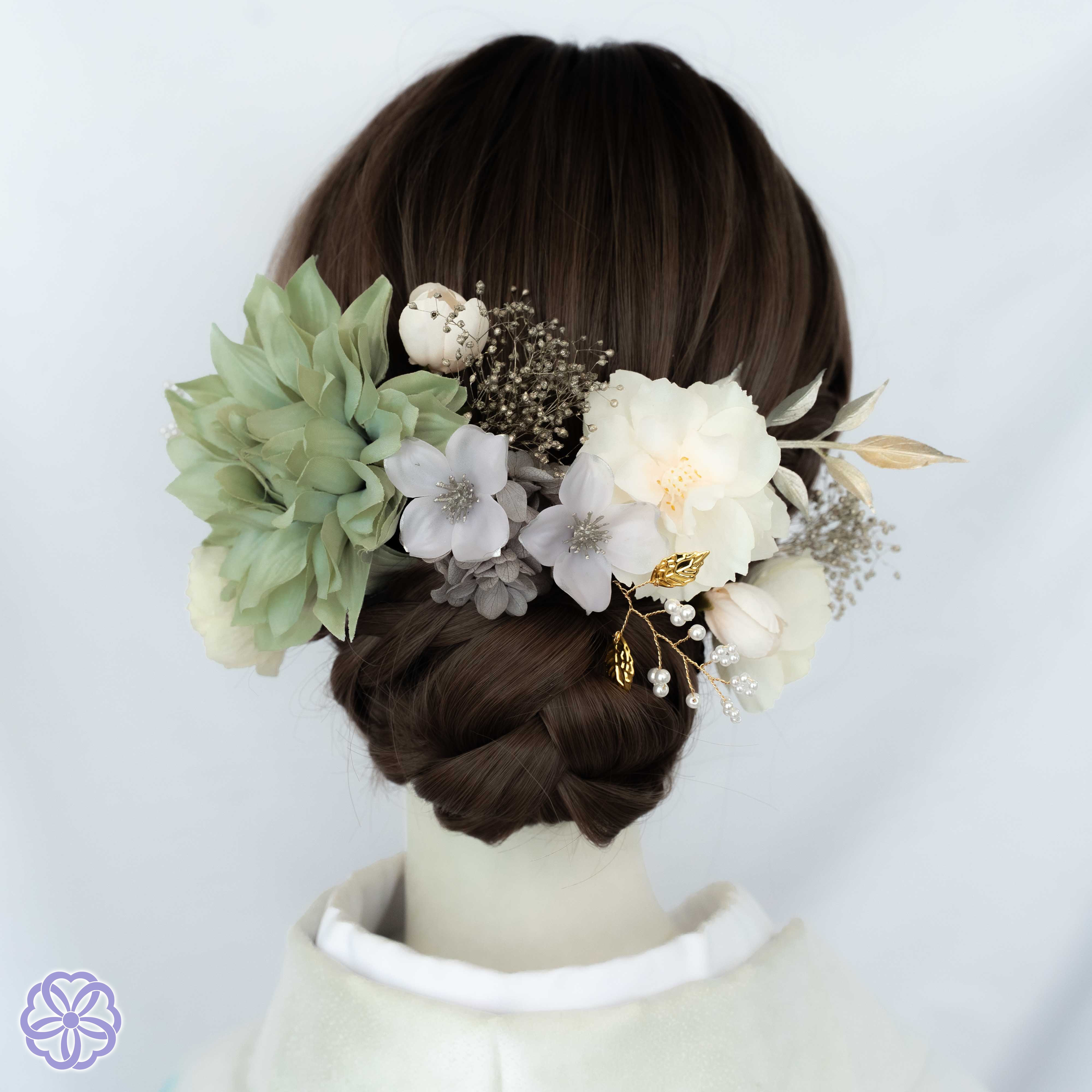 くすみグリーンと桜の髪飾り No.GS54　髪飾り　成人式　卒業式　結婚式　成人式髪飾り　卒業式髪飾り　結婚式髪飾り　ヘ