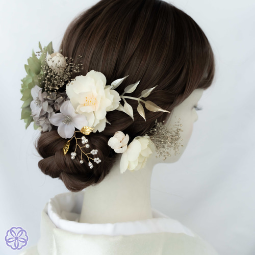 くすみグリーンと桜の髪飾り No.GS54 髪飾り 成人式 卒業式 結婚