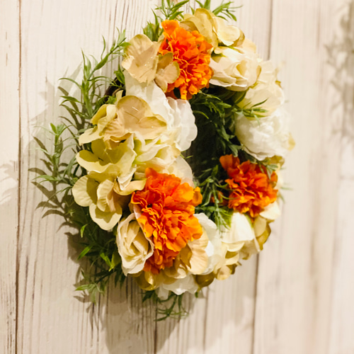 オレンジローズのブロッサムリース｜アーティフィシャルフラワー／光触媒フラワー オレンジローズのブロッサムリース｜アーティフィシャルフラワー