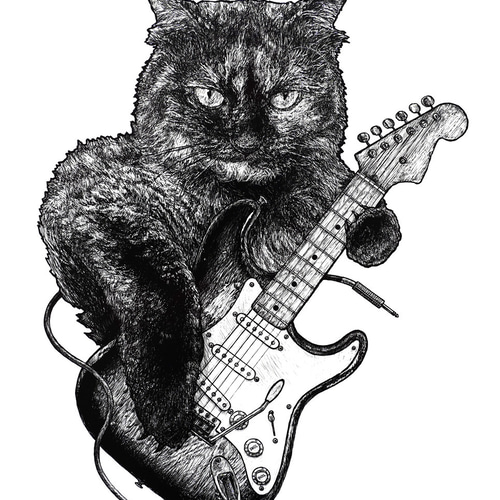 ビッグステッカー』 エレキギターと猫（白黒） 品番:bst-31 シール