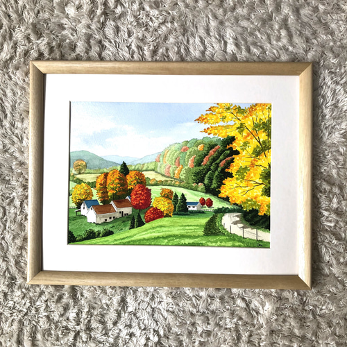 透明水彩画　原画　「オータムヴィレッジ02」額縁付　F4サイズ　風景画 オータムヴィレッジ02」透明水彩画 原画 風景画 額縁付 F4サイズ