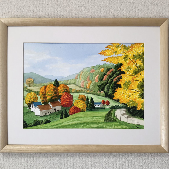 田園の秋」透明水彩画 原画 風景画 額縁付 F4サイズ 絵画 Oni