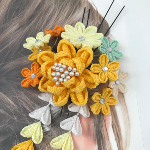 つまみ細工の髪飾り 卒業式 袴 小学生 レモンイエロー 黄色 成人式