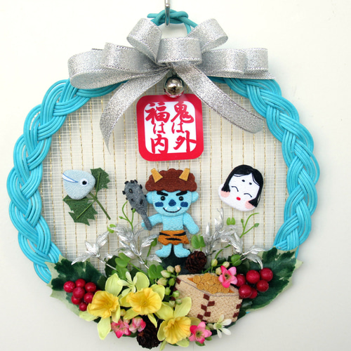 1636 茸·牡鹿·小人のリース時計:藍パッチの刺し繍入りタペストリー オーダーページ㉑のんちゃんさん専用ページ 1636 茸·牡鹿·小人のリース