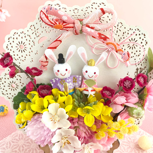 ひな祭り♪ 桃の節句 〜ちりめんうさぎ雛のレースウッドプレート