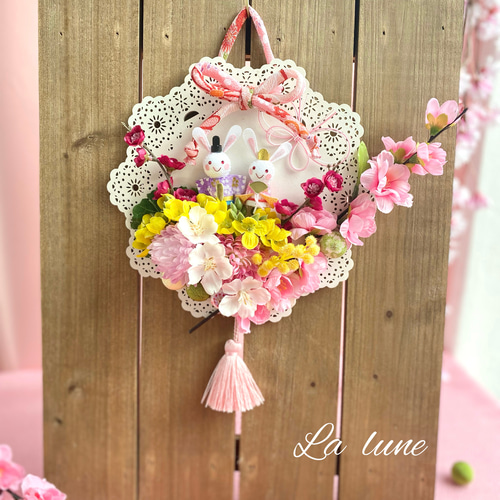 ひな祭り♪ 桃の節句 〜ちりめんうさぎ雛のレースウッドプレート