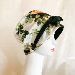 おしゃれ　ケア帽子　リボン　ゆったりソフト　コットンニット　薔薇柄×モスグリーン　医療用帽子 4枚目の画像