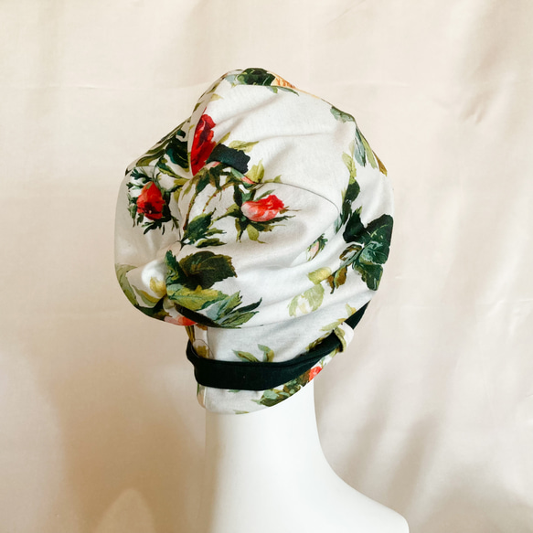 おしゃれ　ケア帽子　リボン　ゆったりソフト　コットンニット　薔薇柄×モスグリーン　医療用帽子 5枚目の画像