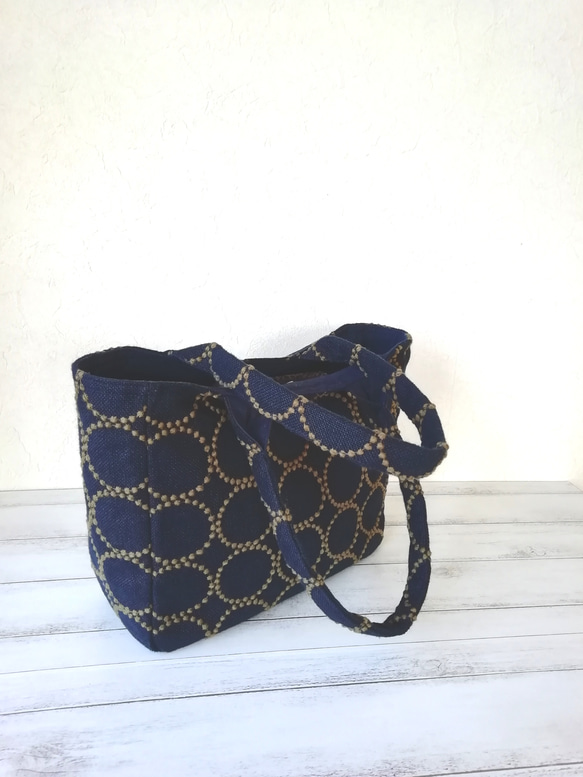 SALE★ミナペルホネンtamburin刺繍リネンのトートバッグ/navy×khaki 4枚目の画像