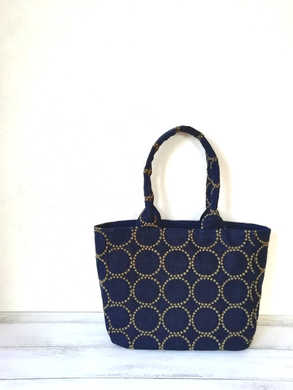 SALE★ミナペルホネンtamburin刺繍リネンのトートバッグ/navy×khaki 5枚目の画像