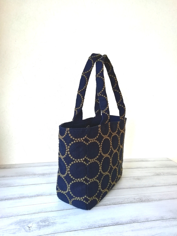 SALE★ミナペルホネンtamburin刺繍リネンのトートバッグ/navy×khaki 3枚目の画像