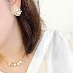 【2件套】白櫻桃珠刺繡耳環（穿孔）&amp;項鍊 第11張的照片