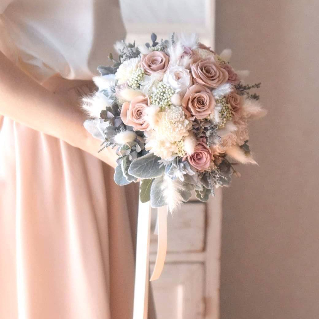 ⋆2点set⋆ くすみピンク：パンパスグラス ラウンドブーケ⋆ブートニア