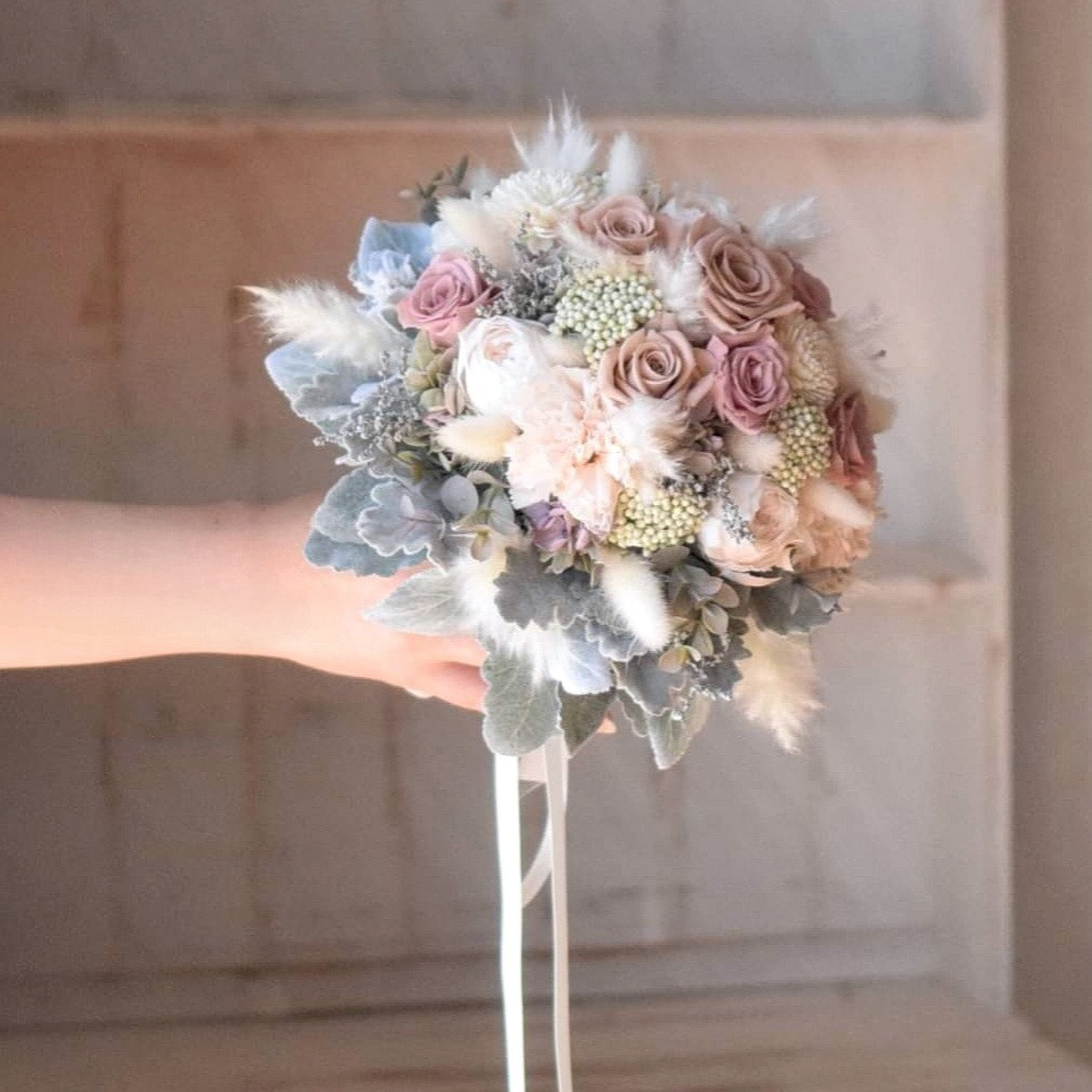 ⋆2点set⋆ くすみピンク：パンパスグラス ラウンドブーケ⋆ブートニア