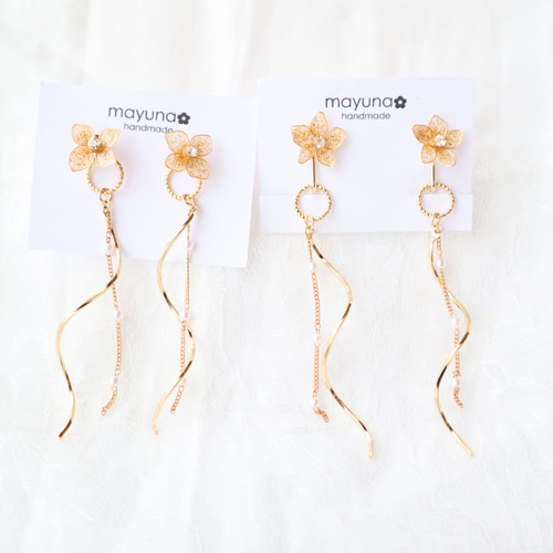 ディップアートの2wayゴールドフラワーイヤリング/ピアス