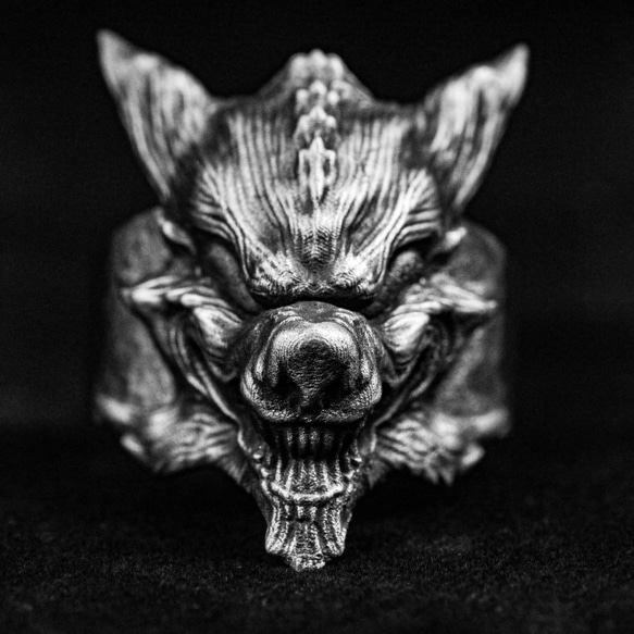 925スターリングシルバーシニスターウルフリング、マスクの銀製リング、オオカミの指輪、幽霊の顔リング 3枚目の画像