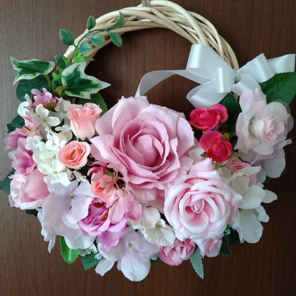 ❤ピンクローズの華やかで素敵なフラワーリース 一点物 玄関リース  