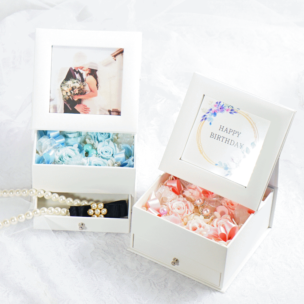 【送料無料】 チェキサイズ対応 フォトフレーム 小物入れ付 スクエア 写真立て 花 プリザーブドフラワー お悔み 誕生日