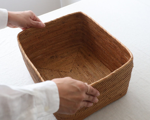 送料無料） 再制作 伝統工芸 アタ細工 スクエア 四角 バスケット 収納