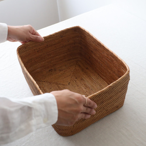 アウトレット アタ製 バスケット 34cm×34cm 収納 正方形 大型 送料無料） 再制作 伝統工芸 アタ細工 スクエア 四角 バスケット 収納