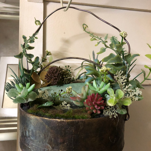 さび風黒皮鉄のリメ缶、ガーデン缶、ブリキ、多肉植物、アンティーク