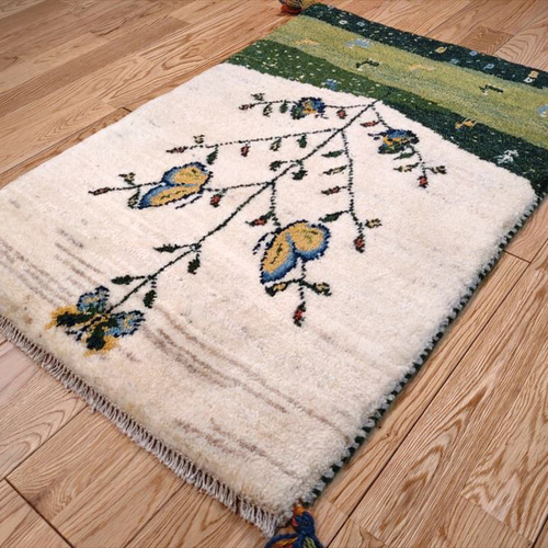ペルシャ ギャッベ 玄関マット 88×60 アイボリー 緑 蝶 ペルシャ ギャッベ 玄関マット 88×60 アイボリー 緑 蝶