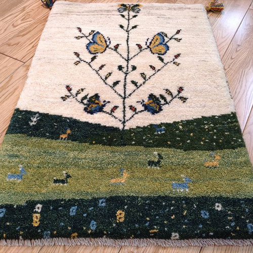 ペルシャ ギャッベ 玄関マット 88×60 アイボリー 緑 蝶 ペルシャ ギャッベ 玄関マット 88×60 アイボリー 緑 蝶