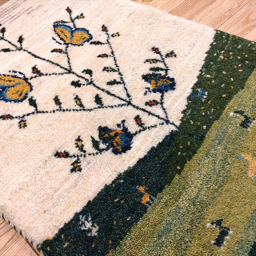 ペルシャ ギャッベ 玄関マット 88×60 アイボリー 緑 蝶 ペルシャ ギャッベ 玄関マット 88×60 アイボリー 緑 蝶