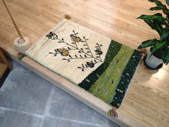ペルシャ ギャッベ 玄関マット 88×60 アイボリー 緑 蝶