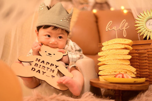 【木製　Half ケーキトッパー】halfbirthday ハーフバースデー　ハーフ　半年　半年祝い　誕生日　お誕生日 2枚目の画像