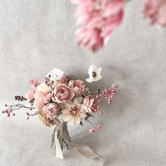 ❤️赤字覚悟❤️アーティフィシャルフラワーブーケ ブーケ ピンクブーケ 結婚式ブーケ ポピー＆芍薬の丸咲バラブーケ□ベージュpink□ アーティフィシャル
