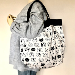 コンパクト スモールバッグ付きおかいものかばん ねこねこイヌオフ白　受注製作 2枚目の画像
