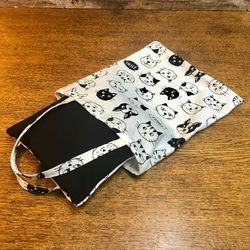 コンパクト スモールバッグ付きおかいものかばん ねこねこイヌオフ白　受注製作 11枚目の画像