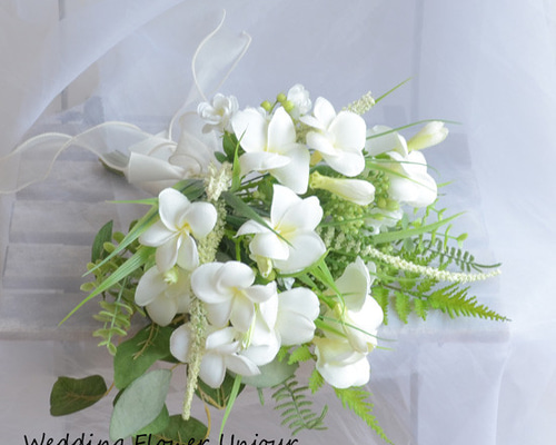 プルメリアブーケ・冠 楽天市場】青 プルメリア 白バラ セミキャスケードブーケ 造花 ブーケ