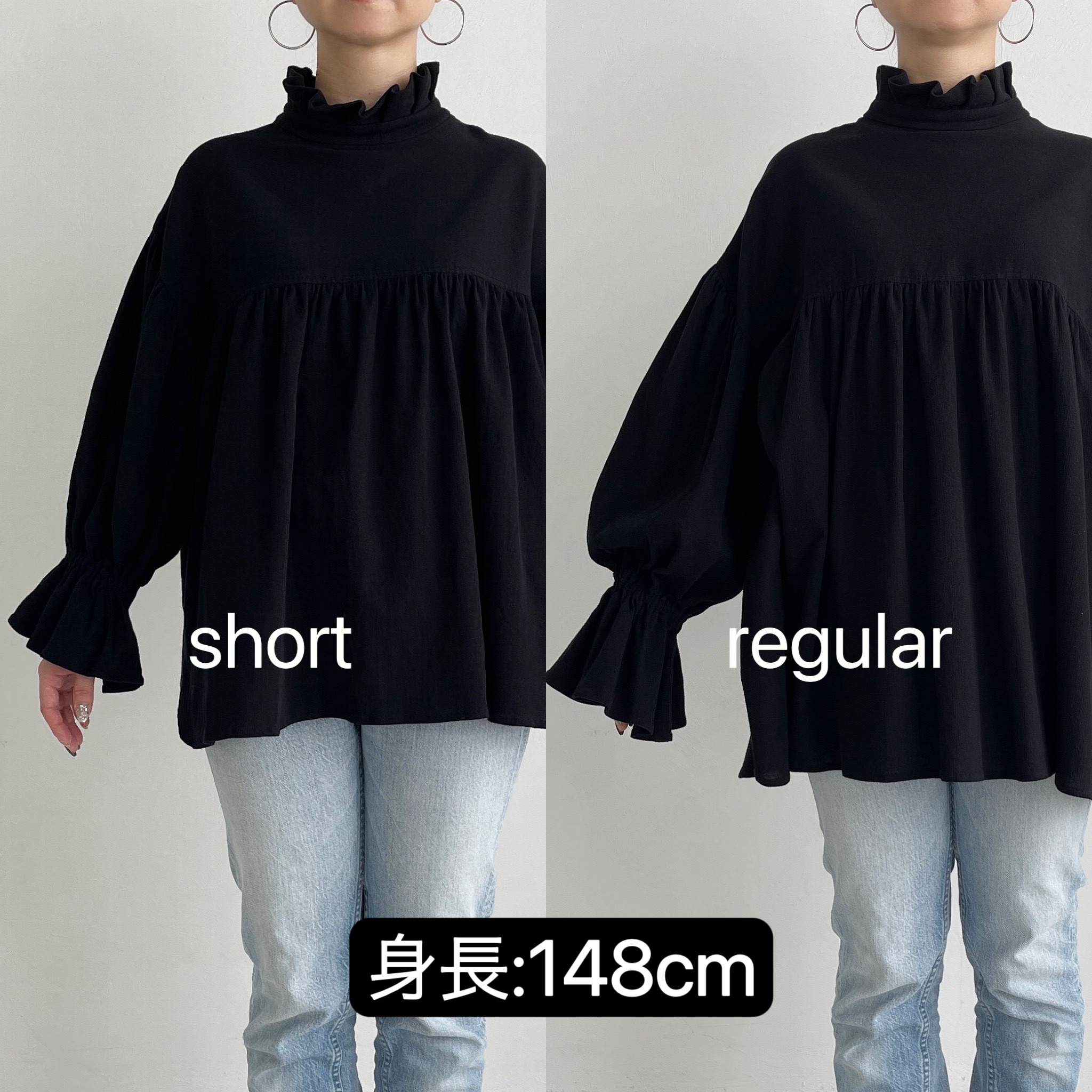 フリルネックキャンディースリーブブラウス(black)