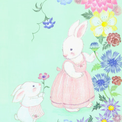 うさぎの版画「花散歩」うさぎの女の子とおかあさん、親子で過ごす優しい時間を色鉛筆で描きました 2枚目の画像