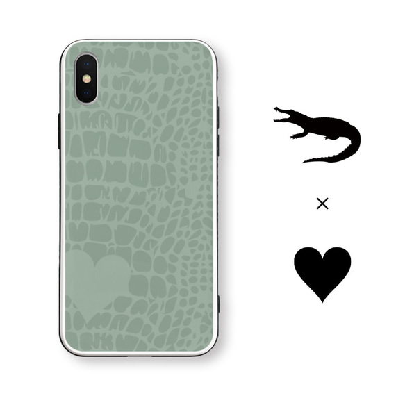 Crocodile♡　ワニ柄×ハート 　iPhoneケース　名入れ　強化ガラスケース 2枚目の画像