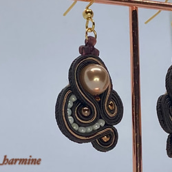 ソウタシエ刺繍パールピアス/イヤリング　ダークブラウン/ soutache dangle earrings 3枚目の画像