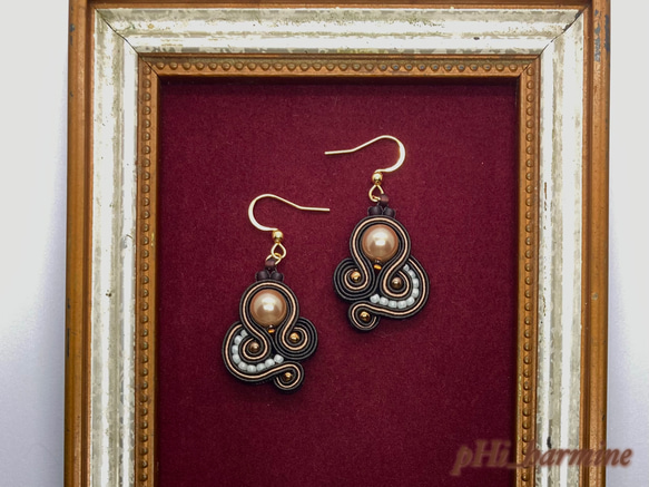 ソウタシエ刺繍パールピアス/イヤリング　ダークブラウン/ soutache dangle earrings 5枚目の画像