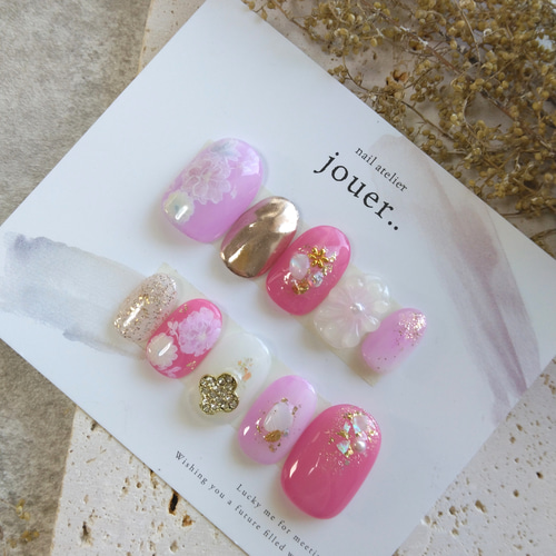 即日発送】和柄ネイル 花柄 ピンク ぷっくりフラワー うねうね 振袖  