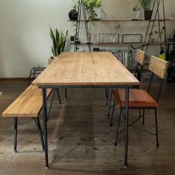 【送料無料】【セット割引】PINE DINING TABLE SET(テーブル1500、本革椅子2脚、ベンチ1200) 1枚目の画像