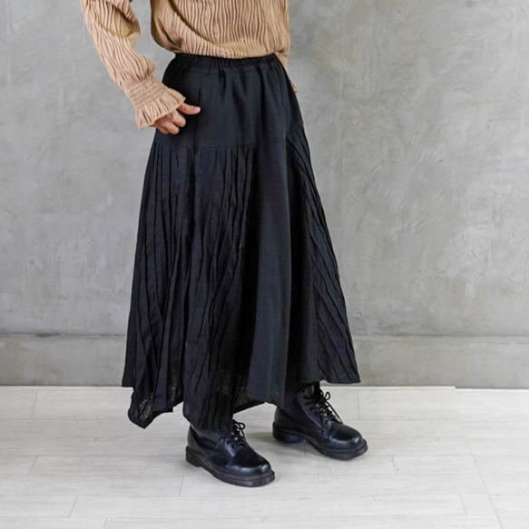 再販【足長効果】カジュアル ピンタック　リネン マキシ丈 ロング スカート　ブラック 15枚目の画像