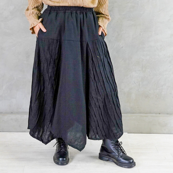 再販【足長効果】カジュアル ピンタック　リネン マキシ丈 ロング スカート　ブラック 14枚目の画像