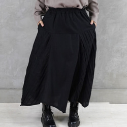 再販【足長効果】カジュアル ピンタック　リネン マキシ丈 ロング スカート　ブラック 6枚目の画像