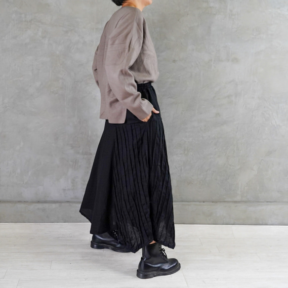 再販【足長効果】カジュアル ピンタック　リネン マキシ丈 ロング スカート　ブラック 2枚目の画像